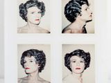 four black and white photographs of a woman ' s face with red lipstick