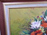 a painting of flowers in a vase on a table
