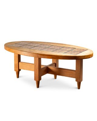 an image of a wooden table with a tile top on a white background