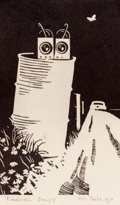 drawing of a couple of robots sitting on top of a tall building