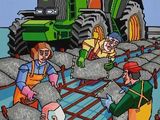 a painting of people working on a farm with a tractor in the background