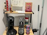 a shelf that has various items on it in a room