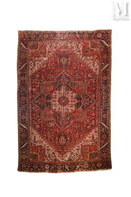 a red and black rug with a medallion design on a white background