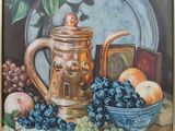 painting of a still life of grapes, peaches, and a teapot on a table