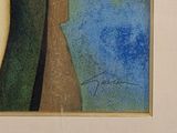 painting of a vase with a blue flower in it on a table