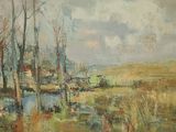 une peinture à l'huile représentant un paysage avec des arbres et une rivière