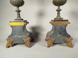 pair of antique cast iron and brass urns on pedestals