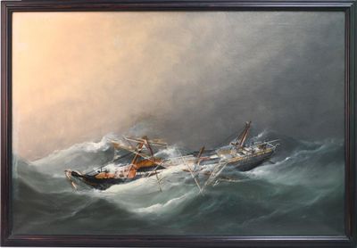painting of a boat in a rough ocean with a boat in the water