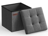 a grey ottoman with a black lid and a black seat
