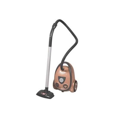 un aspirateur marron et noir posé sur un sol blanc