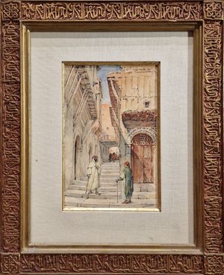 tableau représentant un homme et une femme marchant dans la rue avec un chien