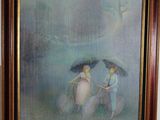 tableau représentant deux personnes marchant sous la pluie avec des parapluies