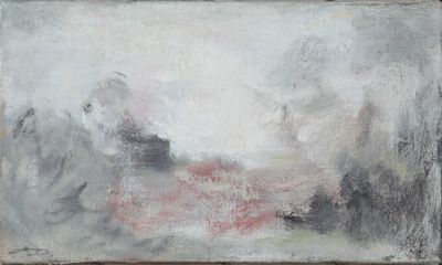 an image of a painting of a white and red cloud in a gray sky