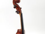 a close up of a violin on a stand against a white background