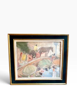 tableau représentant un cheval et une calèche traversant un pont au-dessus d'un étang