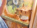 un tableau représentant une femme assise à une table devant un bol de nourriture