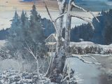 un tableau représentant un arbre dans la neige au bord de l'eau