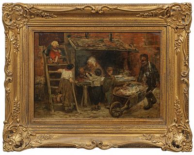an oil painting of a group of people eating in a kitchen
