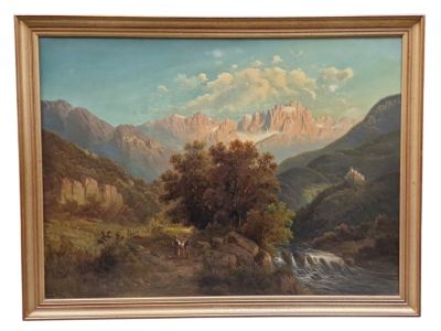 tableau représentant un paysage de montagne avec une rivière et une cascade au premier plan