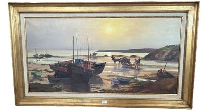 an oil painting of boats on a beach with a sunset in the background