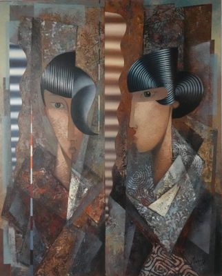 tableau représentant deux femmes portant des chapeaux et des foulards sur la tête