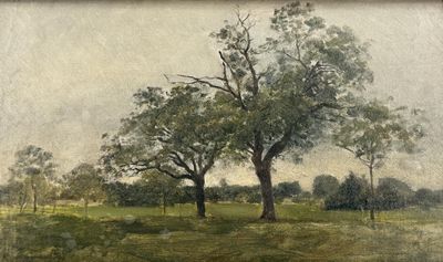 a painting of two trees in the middle of a field