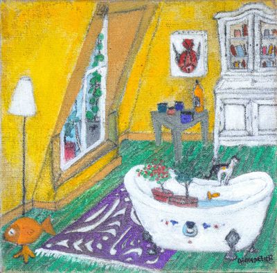 tableau représentant une salle de bains avec une baignoire dans laquelle se trouve un chat