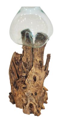 un vase en verre posé sur une souche d'arbre
