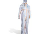 a white and orange coverall with a hood on it