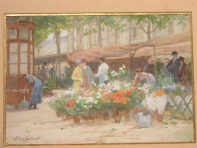 a painting of a flower market with people in the background