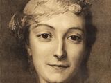 an old black and white photo of a woman with a hat on