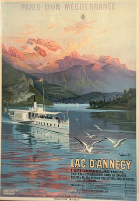 painting of a boat on a lake with mountains in the background