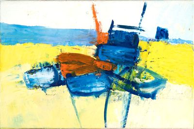 une peinture représentant un bateau sur une plage, sur fond jaune