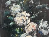 painting of a painting of flowers in a vase on a black background