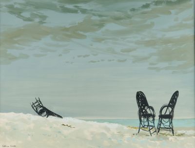 un tableau représentant deux chaises sur la plage, avec l'océan en arrière-plan