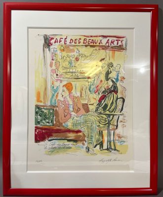 painting of a man and woman sitting at a table in front of a coffee shop