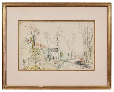 une aquarelle représentant une route de campagne avec des maisons et des arbres