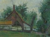 a painting of a house in the middle of a field