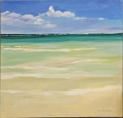 a painting of a beach scene with a blue sky and white clouds