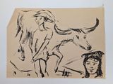 an image of a drawing of a bull and a man