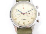 a close up of a wrist watch with a green strap