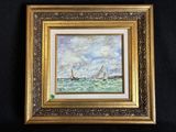 une peinture représentant un voilier en mer, avec le ciel en arrière-plan