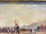 painting of a group of men riding horses with a flag in the foreground