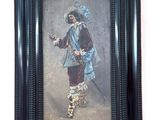 framed painting of a man in a blue costume holding a sword