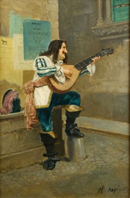tableau représentant un homme assis sur un rebord, en train de jouer de la guitare