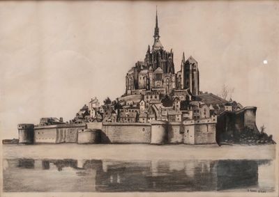 une vieille photo d'un château au milieu d'un lac