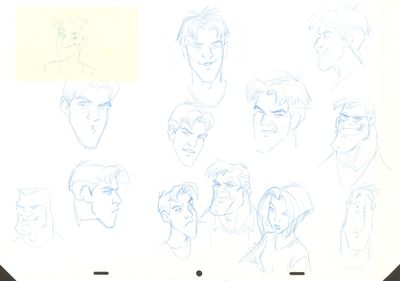 des croquis représentant le visage d'un homme et diverses expressions faciales sur un tableau blanc