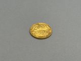 a close up of a gold coin on a gray surface