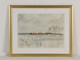 aquarelle encadrée représentant un paysage enneigé avec des arbres au premier plan