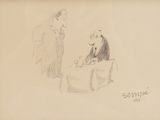 drawing of a man and a woman sitting at a table
